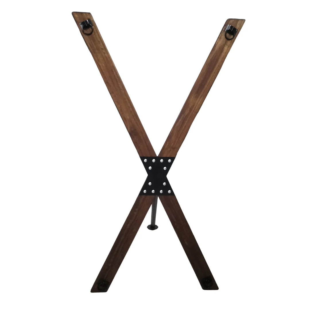 Freestanding St. Andrew’s Cross BDSM frame with wooden finish and metal restraint hooks